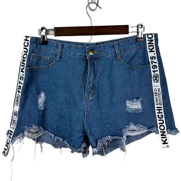 SHEIN • Contrast Letter Ribbon Raw Hem Denim Shorts - Picture 2 of 7